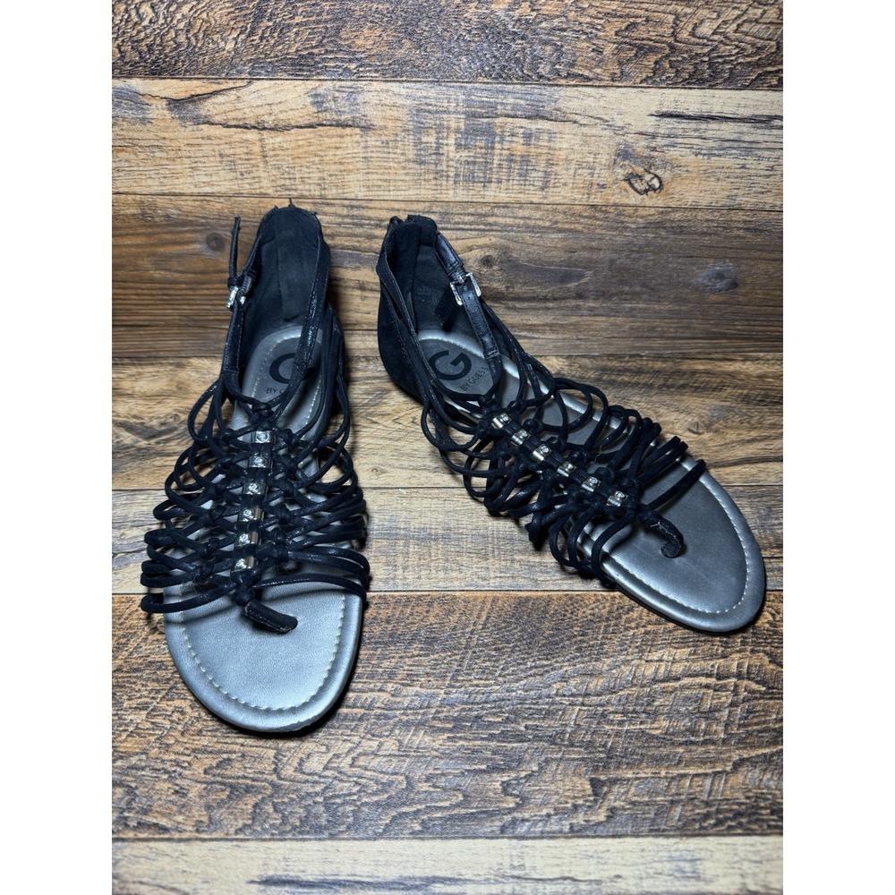 G by GUESS Strappy Gladiator Sandals Black Silver Rhinestone Women Size 8.5
